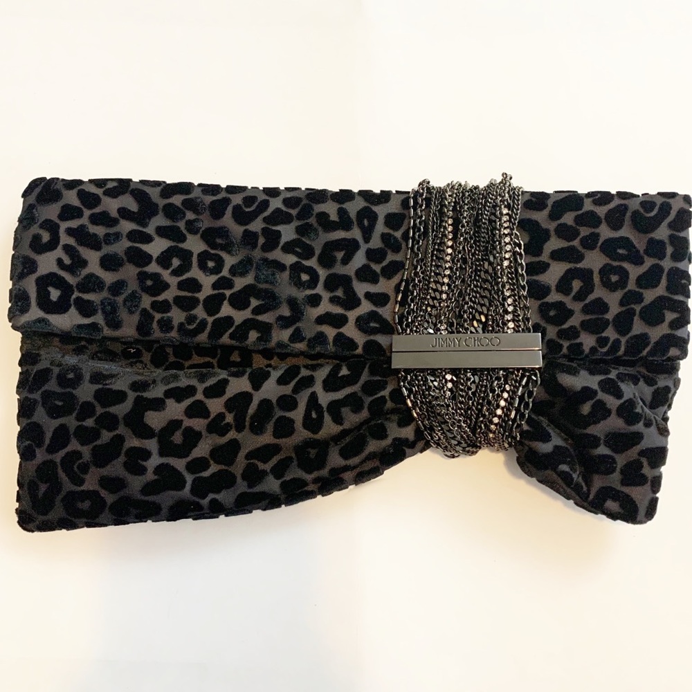 Jimmy Choo Black Velvet Leopard Clutch Purse